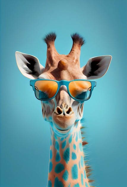 Креативная композиция животных Жираф в очках солнцезащитные очки очки изолированы Пастельный градиентный фон с пространством для копирования текста Генерировать Ai