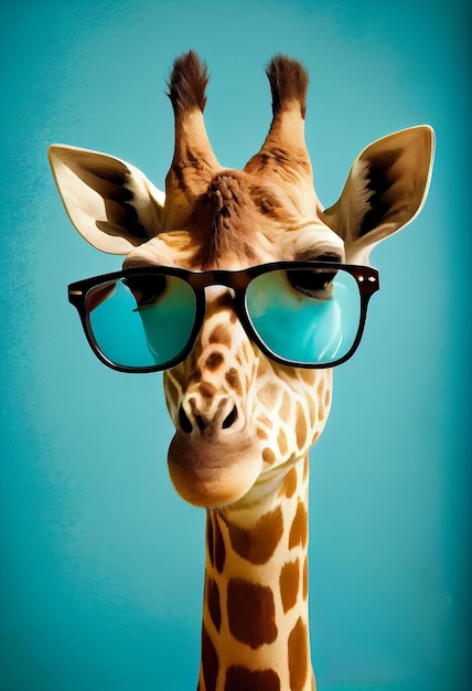 Photo creative animal composition giraffe wearing shades sunglass eyeglass isolated pastel gradient background with text copy space generate ai