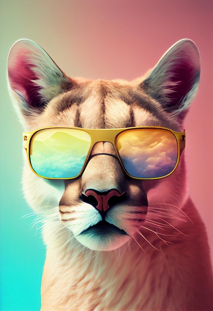 Креативная композиция животных Puma в солнцезащитных очках, изолированные на белом фоне Пастельный градиентный фон с пространством для копирования текста Generate Ai