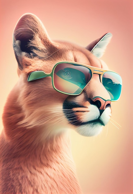 Creative animal composition Puma wearing shades sunglass eyeglass isolated Pastel gradient background With text copy space Generate Ai