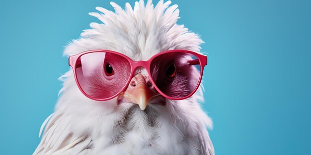 Photo creative animal concept chicken hen in sunglass shade glasses isolated on solid pastel background commercial editorial advertisement surreal surrealism