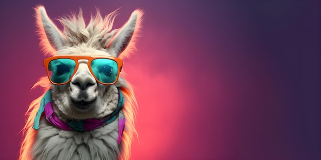 Photo creative animal concept a llama wearing sunglasses and a scarf copy space generative ai