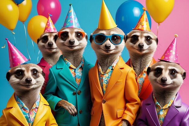 Photo creative animal concept meerkat in a group vibrant bright fashionable outfits isolated on solid background advertisement copy text space