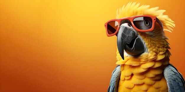 Creative animal concept a parrot wearing sunglasses on an orange background