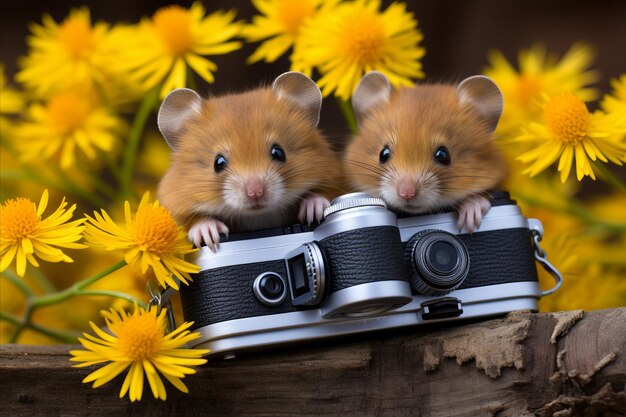 写真 クリエイティブな動物コンセプト 鮮やかな花の背景でカメラを操っている2匹のネズミ