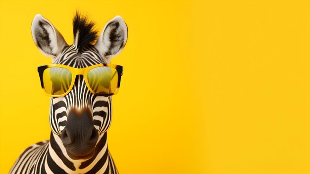 Creative animal concept zebra in sunglass shade glasses on yellow