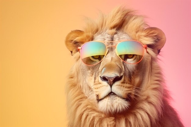 Creative animal hipster background lion wearing colored shaded sunglass ai generated
