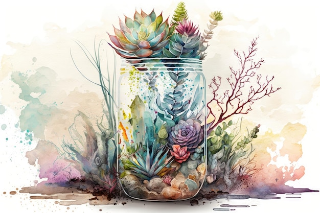 Creative arrangement of watercolor succulent plants in vase