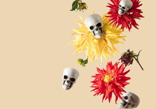 パステル ベージュの背景に浮遊および浮遊する人間の頭蓋骨とさまざまな花を使ったクリエイティブなアレンジメント最小限のハロウィーンまたはサンタ ムエルテのコンセプト不気味なパーティーの背景