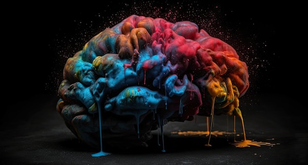 Photo creative art brain explodes with paints with splashes on a black background concept idea ai generative