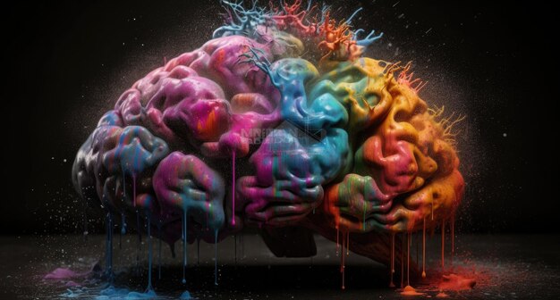 Foto il cervello dell'arte creativa esplode con vernici con schizzi su uno sfondo nero idea concettuale ai generativa