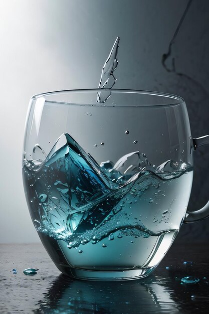 Фото Творческое художественное фото замороженной стеклянной чашки и брызг
