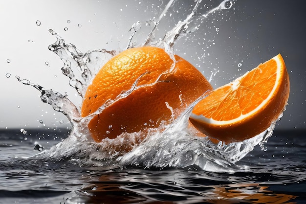 물에 떨어지는 오렌지의 창조적인 예술 사진