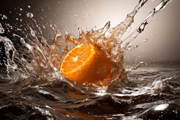물에 떨어지는 오렌지의 창조적인 예술 사진