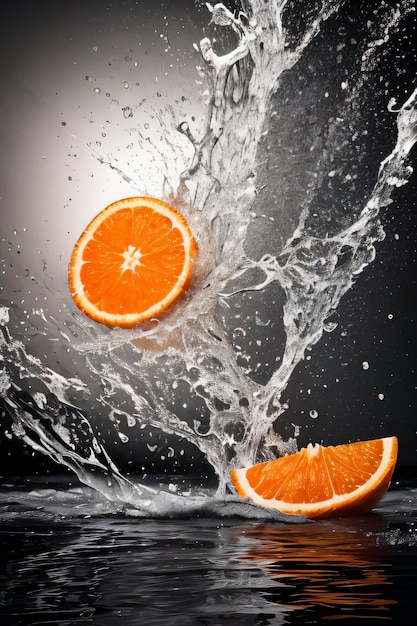 Creative art photo of the orange falling in the water with splashes