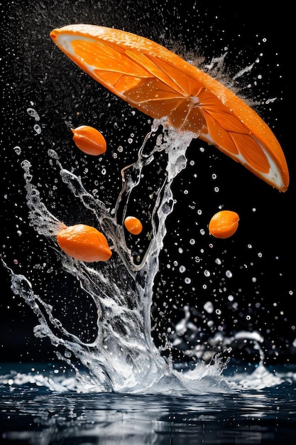 Творческое художественное фото апельсина, падающего в воду с брызгами