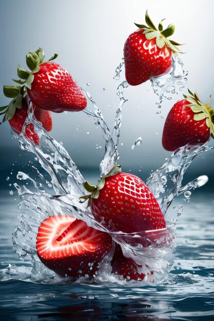 Creative art photo of the strawberry falling in the water with splashes