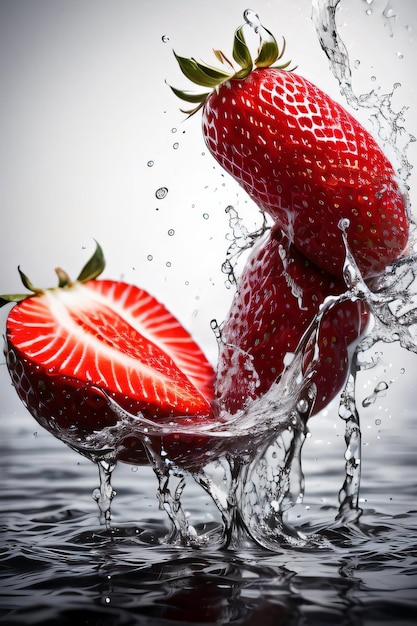 Creative art photo of the strawberry falling in the water with splashes