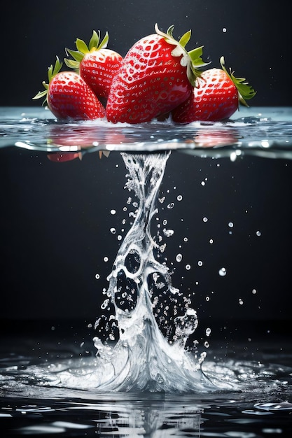 Творческое художественное фото клубники, падающей в воду с брызгами
