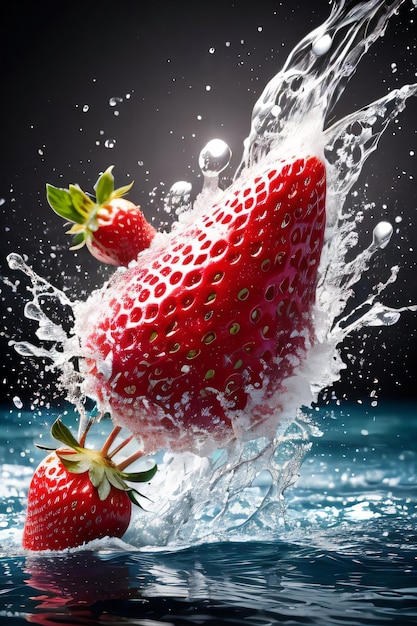 Creative art photo of the strawberry falling in the water with splashes