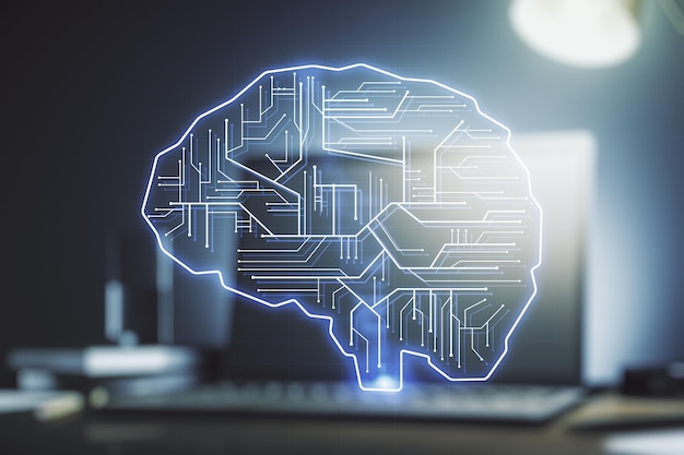 creative artificial intelligence concept with human brain hologram on modern laptop background multiexposure