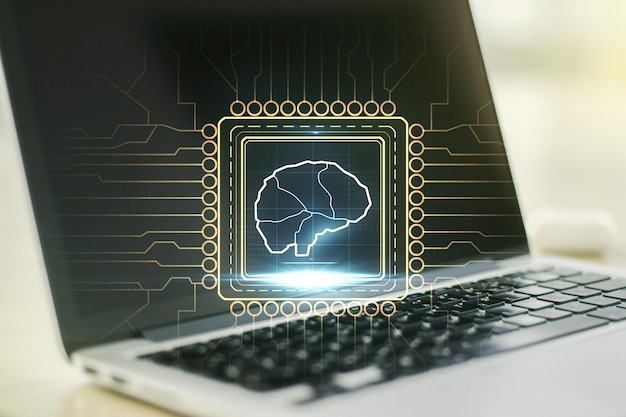 Creative artificial Intelligence concept with human brain hologram on modern laptop background. Multiexposure