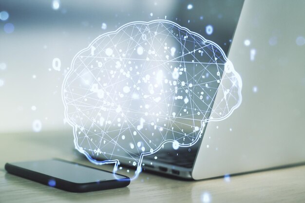 現代のコンピューターの背景に人間の脳をスケッチした創造的な人工知能のコンセプト二重露光