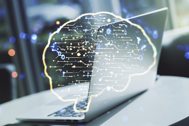 現代のコンピュータの背景にある人間の脳のスケッチのクリエイティブな人工知能コンセプト ダブルエクスポージャー