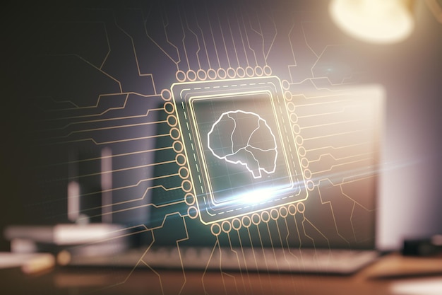 Creative artificial Intelligence concept with human brain sketch on modern computer background Double exposure