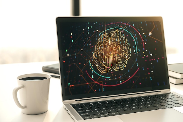 Photo creative artificial intelligence concept with human brain sketch on modern laptop monitor 3d rendering