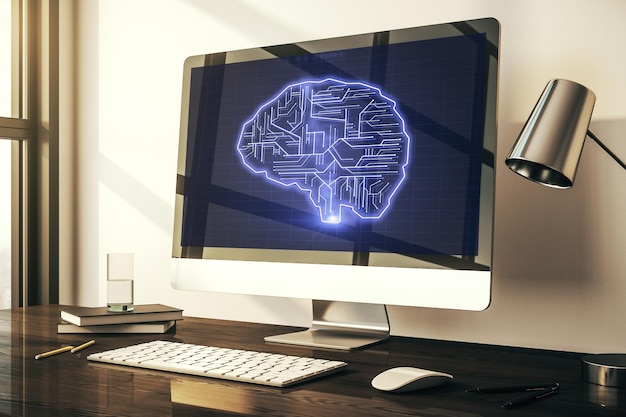 Creative artificial Intelligence concept with human brain sketch on modern laptop monitor 3D Rendering