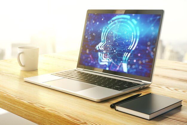 Creative artificial Intelligence concept with human head sketch on modern computer monitor 3D Rendering