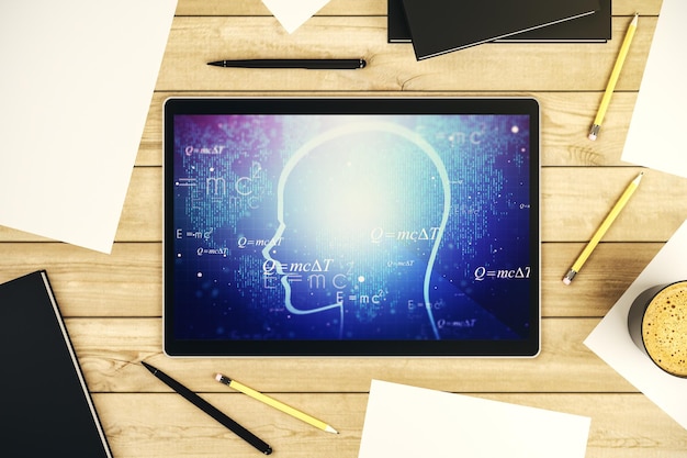 Creative artificial Intelligence concept with human head sketch on modern digital tablet display Top view 3D Rendering