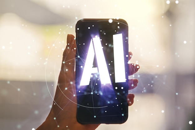 Creative artificial Intelligence symbol concept and hand with phone on background Multiexposure