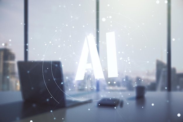 Photo creative artificial intelligence symbol concept and modern desktop with computer on background multiexposure