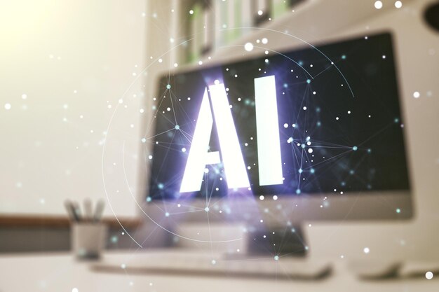 Photo creative artificial intelligence symbol concept and modern desktop with computer on background multiexposure