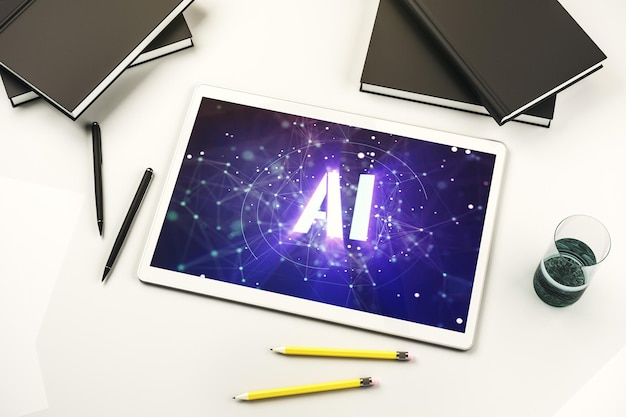 Foto concetto di simbolo di intelligenza artificiale creativa sullo schermo del tablet digitale moderno vista dall'alto rendering 3d