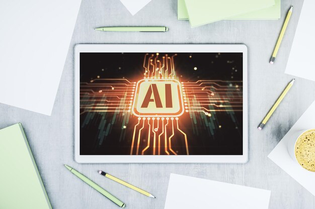 Creative artificial Intelligence symbol concept on modern digital tablet screen Top view 3D Rendering