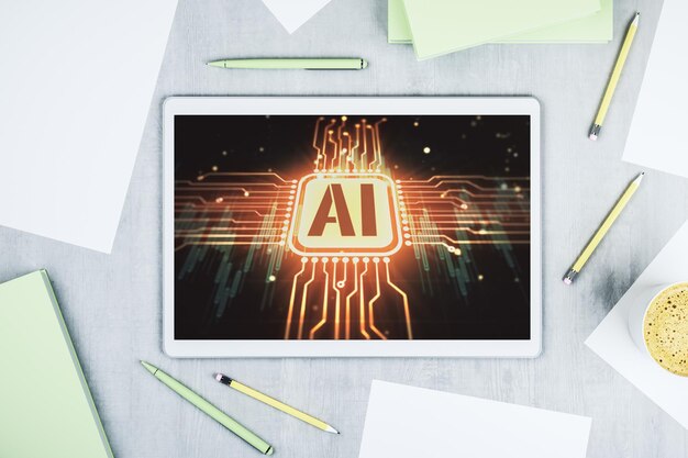 Photo creative artificial intelligence symbol concept on modern digital tablet screen top view 3d rendering