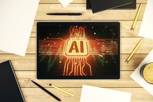 Creative artificial Intelligence symbol concept on modern digital tablet screen Top view 3D Rendering
