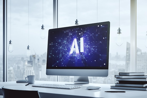 Creative artificial Intelligence symbol concept on modern laptop screen 3D Rendering