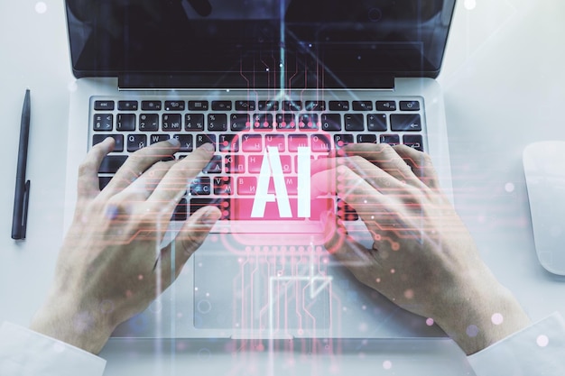 Creative artificial Intelligence symbol concept with hands typing on computer keyboard on background Double exposure