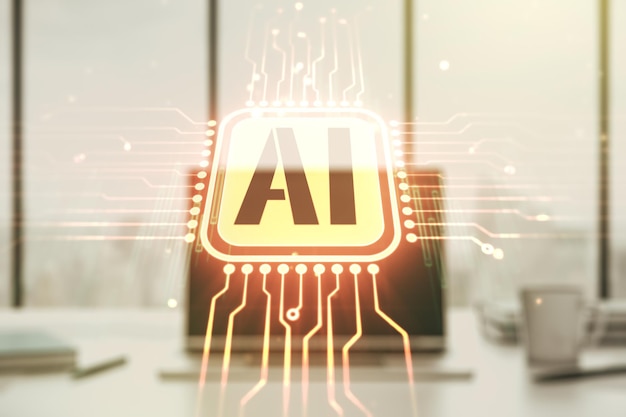 Creative artificial Intelligence symbol concept with modern laptop on background Multiexposure