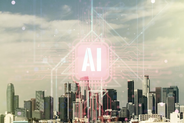 ロサンゼルスの街並みの背景に創造的な人工知能シンボル ホログラム二重露光