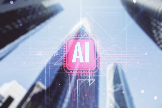 Creative artificial Intelligence symbol hologram on modern architecture background Double exposure