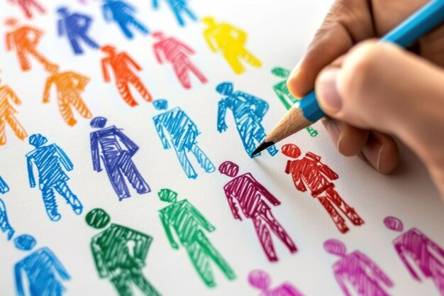 Foto disegno artistico creativo di persone di colore su carta da parte di una persona che tiene una matita per una presentazione aziendale o un opuscolo di viaggio