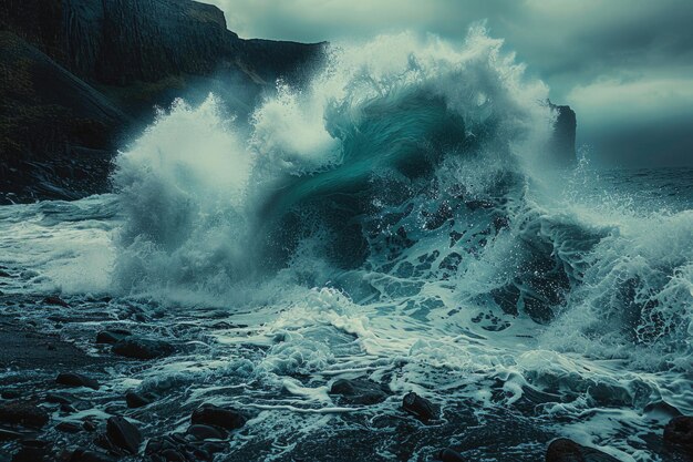 岩の岸に衝突する波のクリエイティブで芸術的な写真