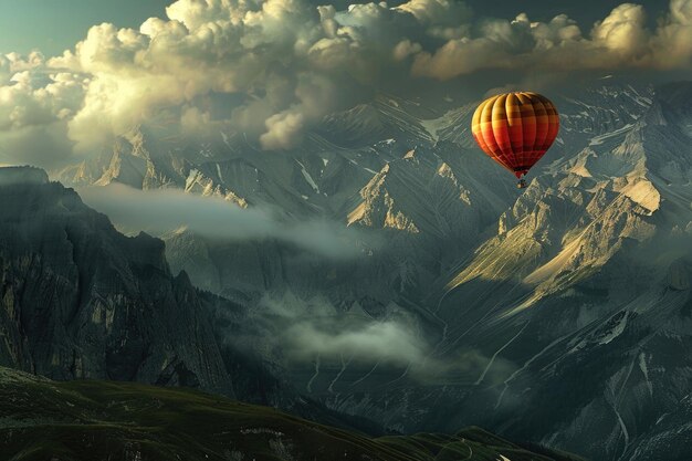 Творческая и художественная фотография воздушного шара, летящего над горным хребтом