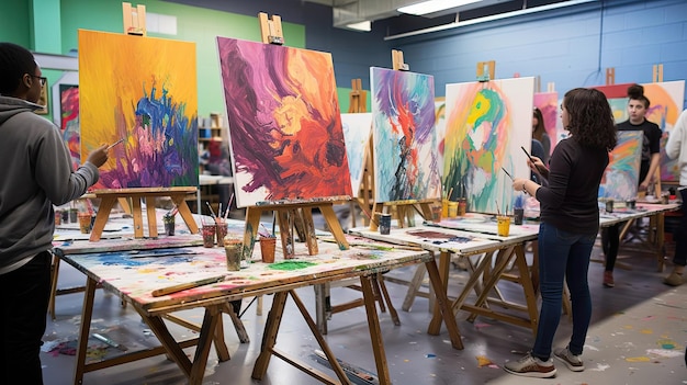 Creative arts class where students are engaged in exploring and expressing their thoughts emotions and ideas through diverse artistic endeavors Generated by AI