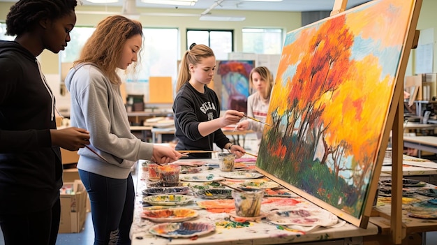 Creative arts class where students are passionately expressing themselves through various artistic mediums The vibrant atmosphere Generated by AI